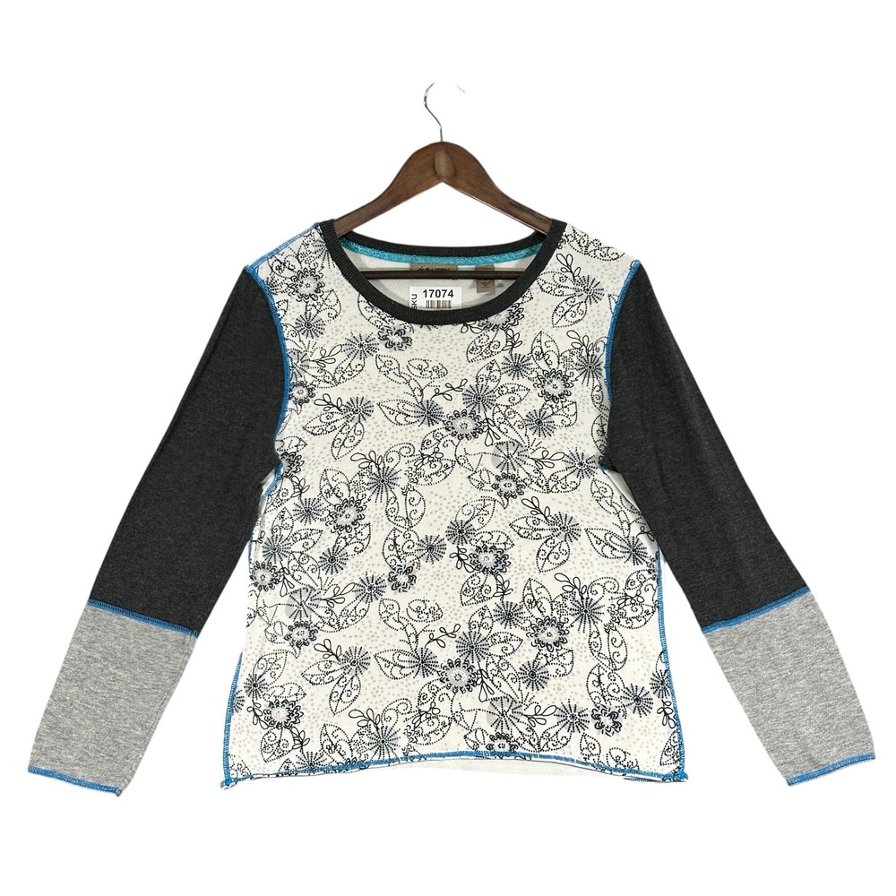 i.e. relaxed Floral Knit Top Womens PL White Grey Excellent Colorblock Crewneck